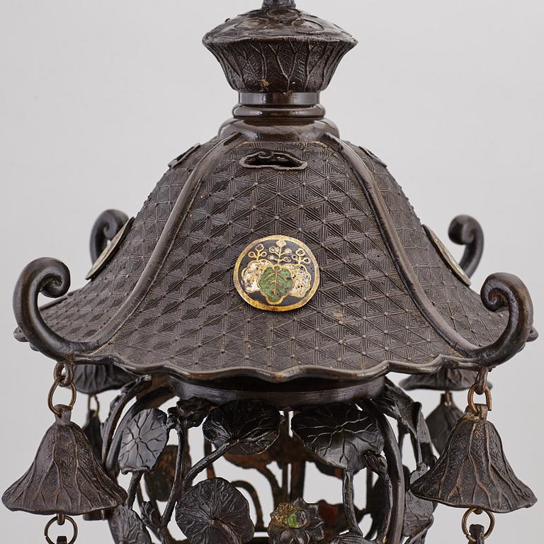 A Japanese bronze incense burner/pagoda, turned into a table lamp, 20th century.