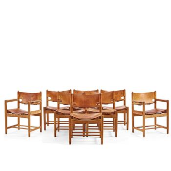 Børge Mogensen, a set of eight "Jagtspisestol"/"Spanish Dining" chairs model "3237" & "3238", Fredericia Stolefabrik, Denmark.