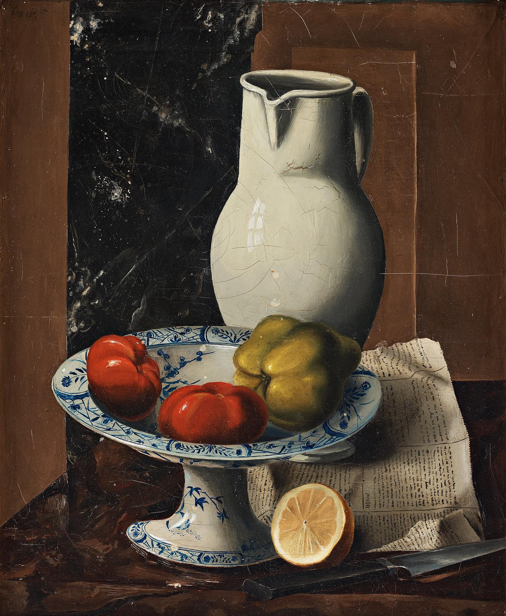 Amadé Barth, "Nature morte med vit kanna och frukter".