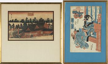 Ando Hiroshige, after, and unidentified artist, two woodblock prints.