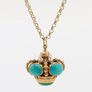 Pendant with chain, gold with turquoise and beads.
