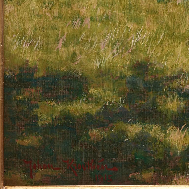 Johan Krouthén, Farm idyll with apple trees and pecking hens.