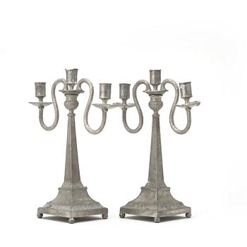 A pair of late Gustavian pewter candlelabras by Martin Artedius, Norrköping 1800.