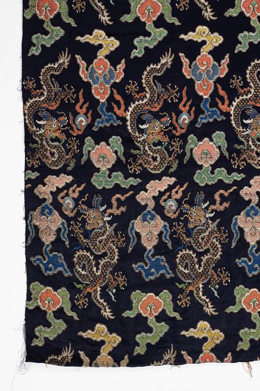 A set of three bolts of silk with 'five clawed dragons' against a midnight blue ground, Qing dynasty, 19th century.