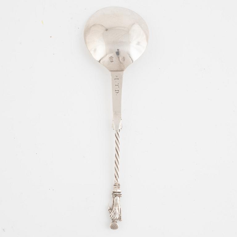 A probably Scandinavian 18th century silver spoon, unidentified makers mark IK, unclear hallmark.