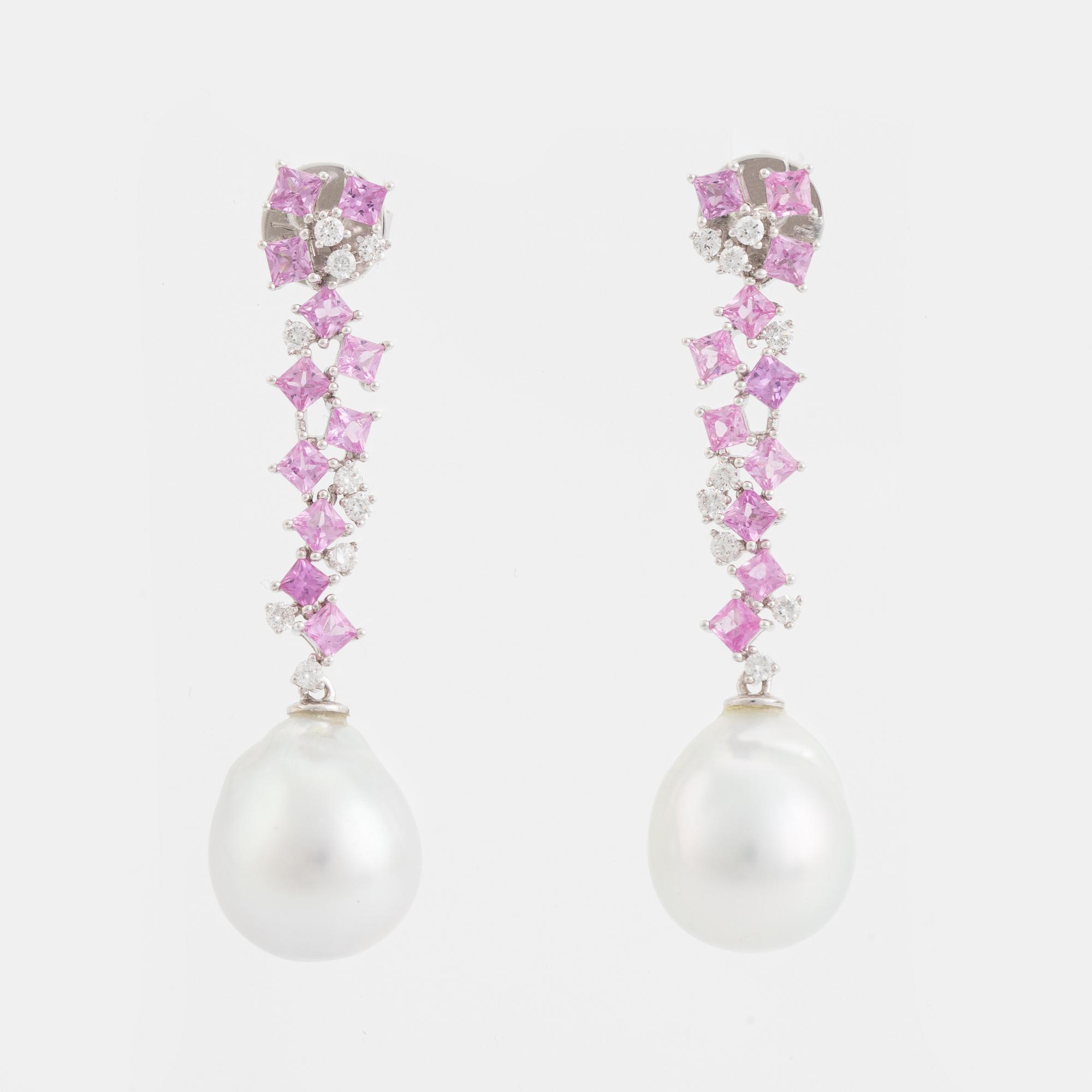 South sea pearl, pink sapphire and diamond earrings.