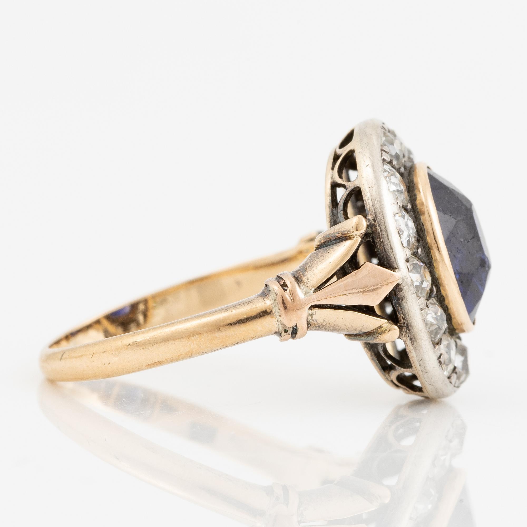 Ring, cameo model 14K gold with sapphire and old-cut diamonds.