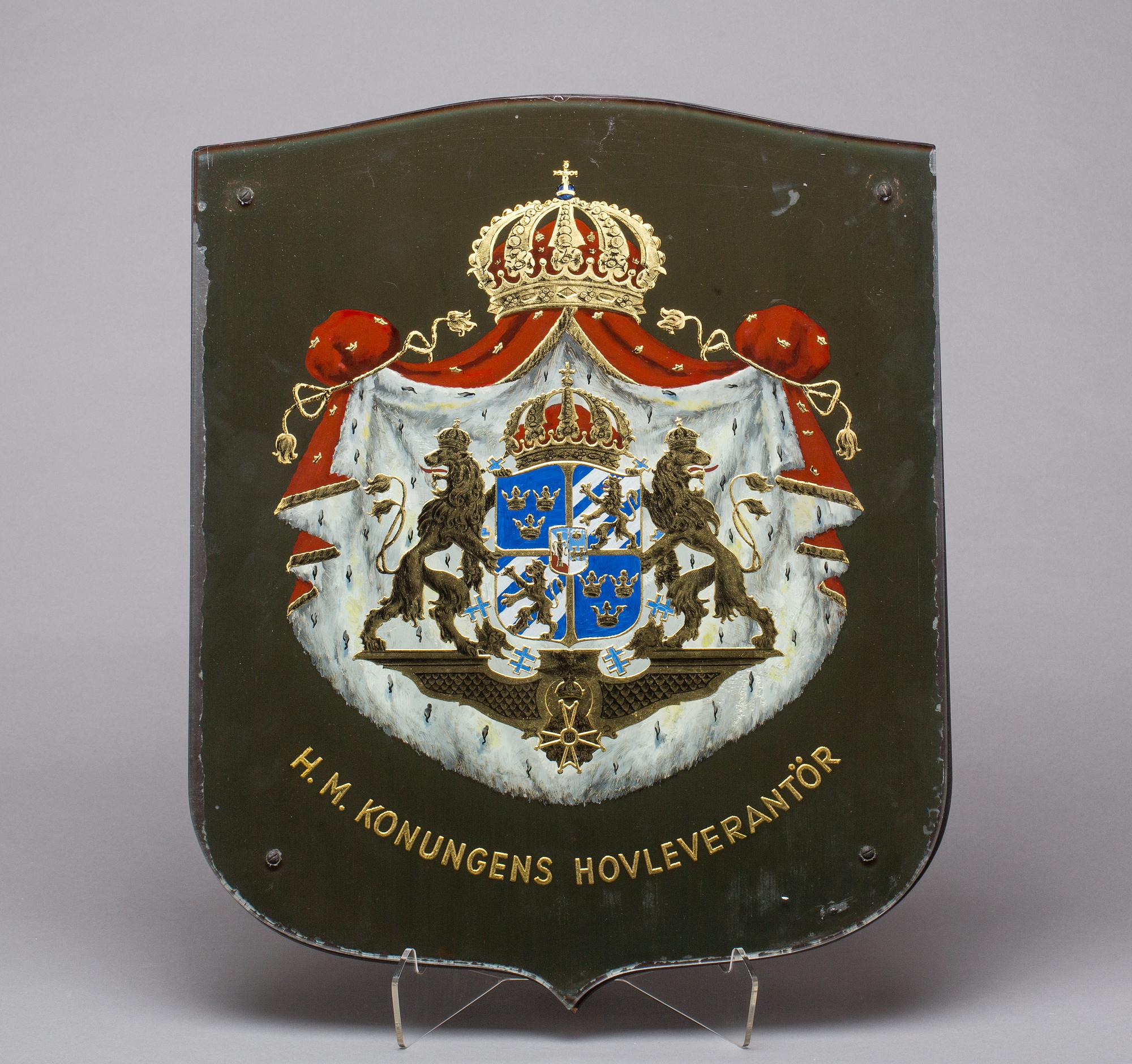 SKYLT, glas, "Kunglig Hovleverantör", 1800-talets slut.