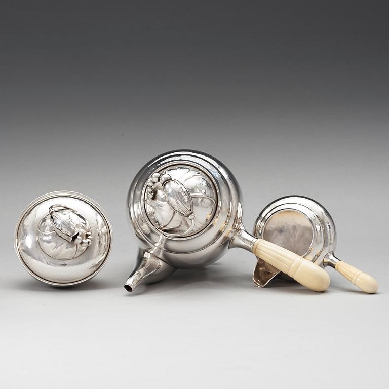 GEORG JENSEN, kaffeservis, tre delar, "Magnolia/Blossom", Jensen & Wendel, Köpenhamn 1945-51, sterling,