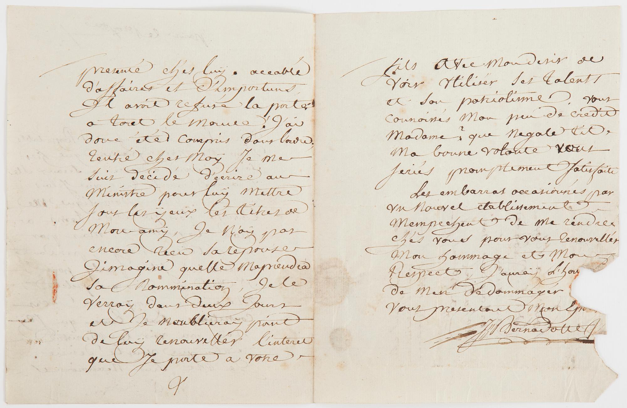 JEAN BAPTISTE BERNADOTTE (1763-1844), brev, egenhändigt skrivet och undertecknat J. Bernadotte.