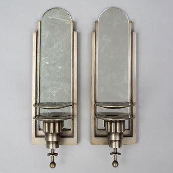 WALL LIGHTS, a pair of 1930's white metal and mirror glass.