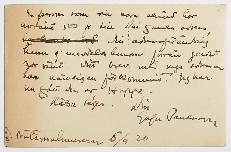 LETTERS (2) and POSTCARD to GAN (Gösta Adrian-Nilsson) from, among others, Vilhelm Bjerke-Petersen and Edvin Ganborg.