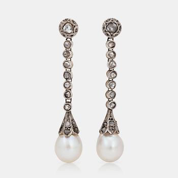 1039. A pair of possibly natural saltwater pearl and rose-cut diamond earrings.