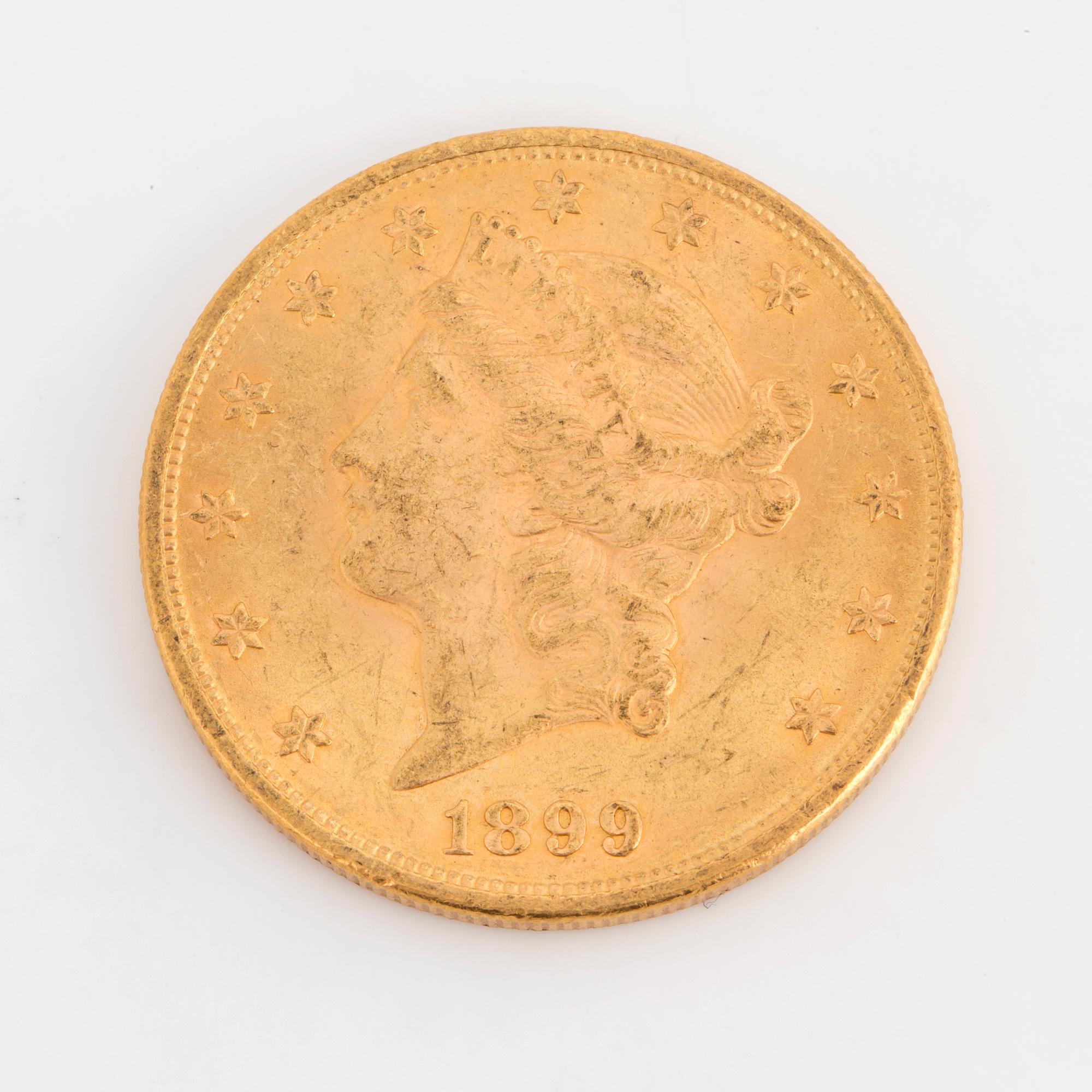 GULDMYNT, fine gold, 20 dollars, Liberty, USA. 1899.