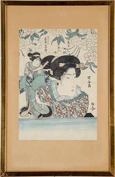UTAGAWA KUNIYASU (1794-1832), efter, färgträsnitt, tre stycken. Japan, 1800-tal.