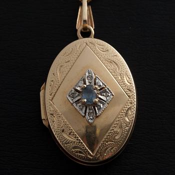 MEDALJONG/HÄNGE, 14K guld, akvamarin, 4 små diamanter. Vikt 5,8 g.