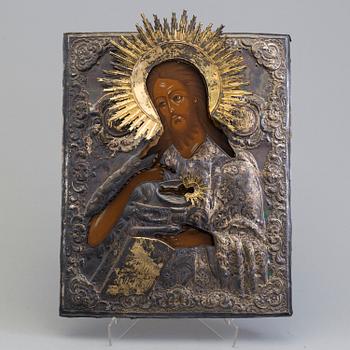 A St John the Baptist icon parcel-gilt rizza, unidentified maker's mark Ogonikov (Огоньковъ), Riga, 1859.