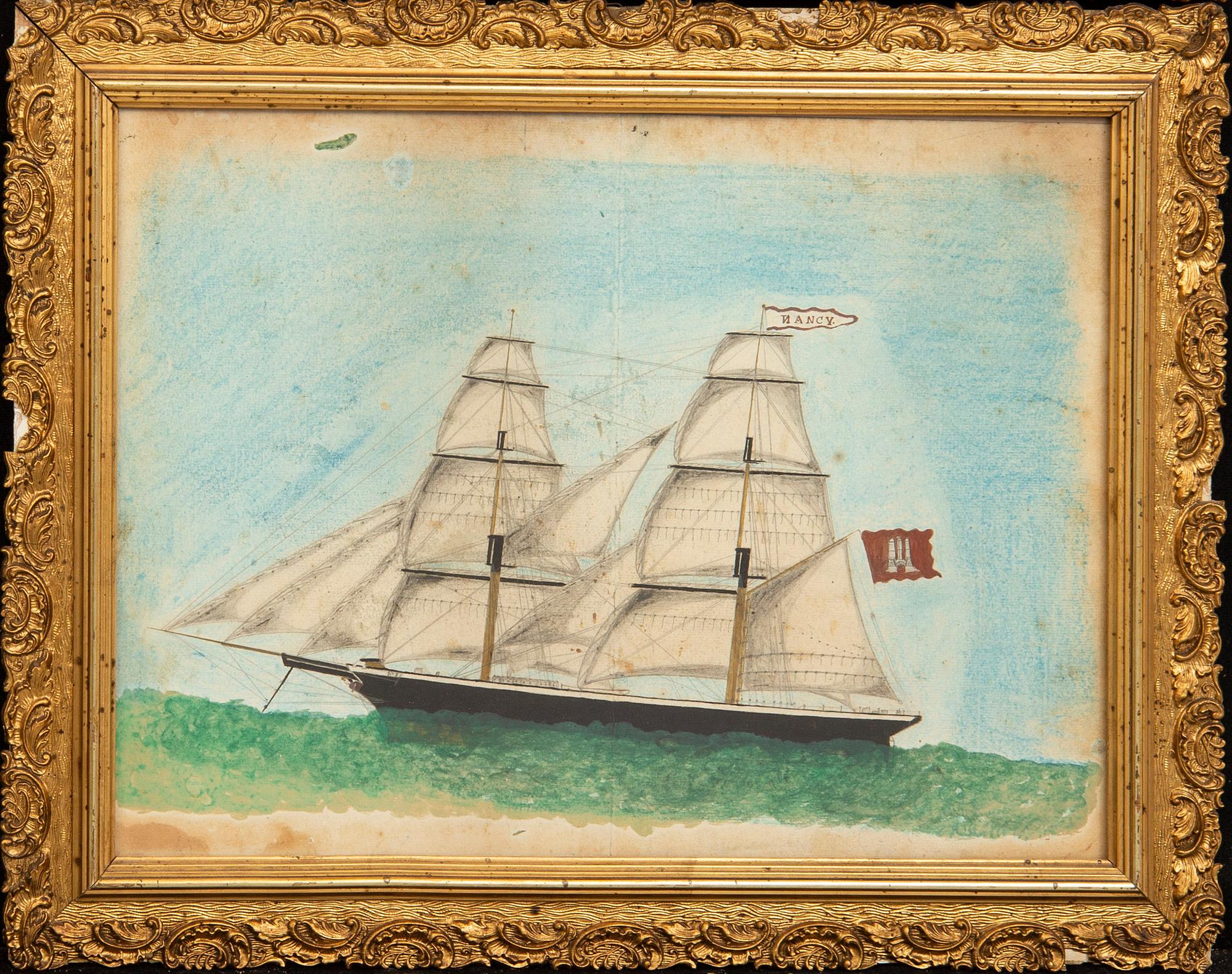 Two portraits of sailing ships, mixed media, 19th century.