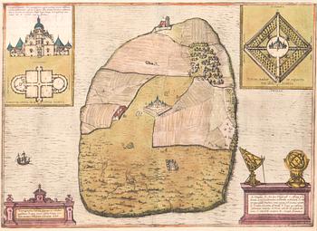 Georg Braun & Frans Hogenberg, karta över Ven / Hven, handkolorerat kopparstick, Köln ca 1586.