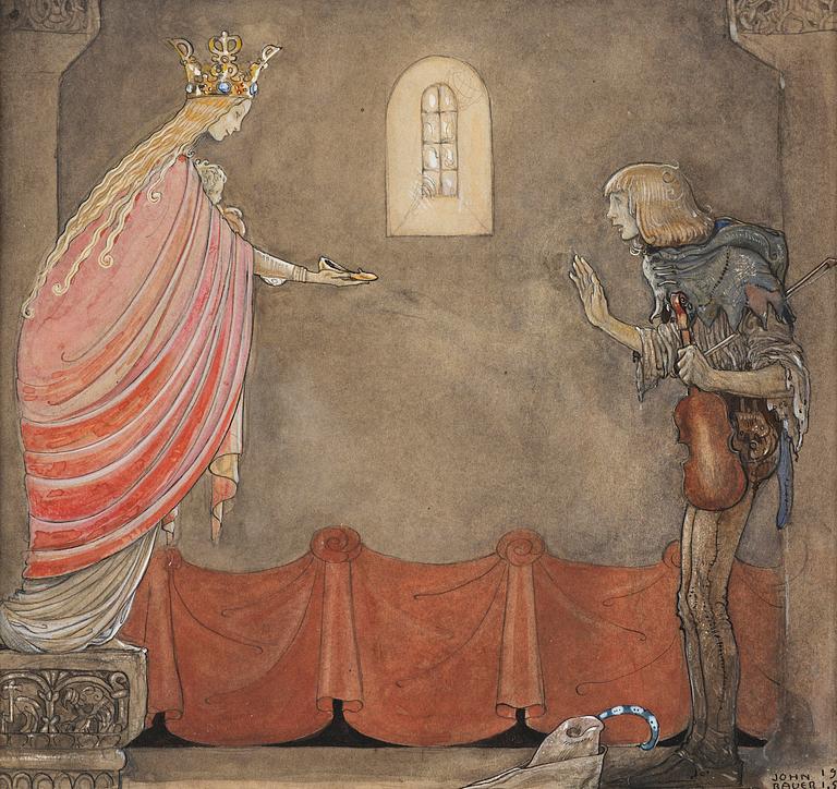 John Bauer, "Madonnan ger spelmannen sin ena sko" (from "Spelmannen som fick madonnans guldsko").
