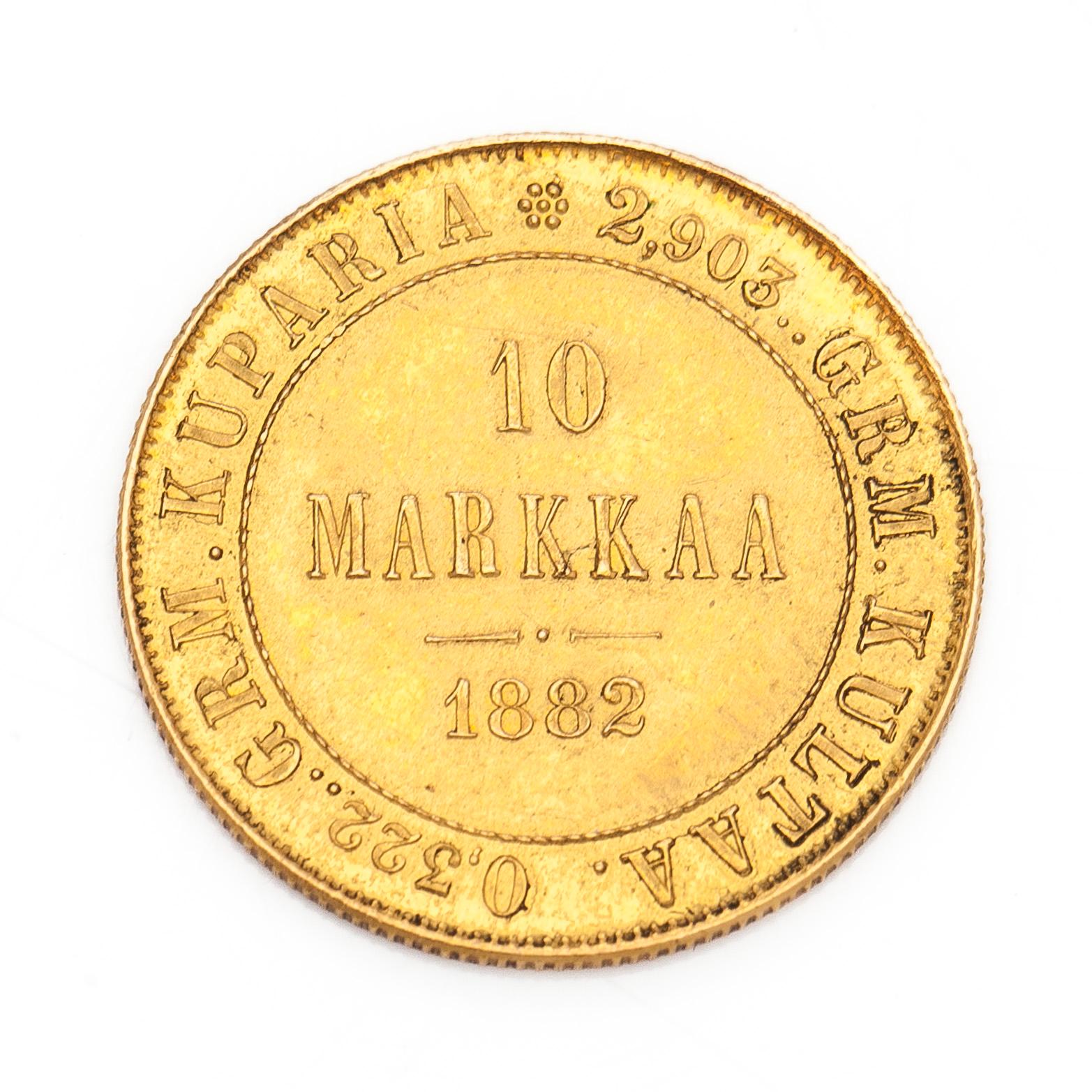 Gold coin, 10 marks, Finland 1882.