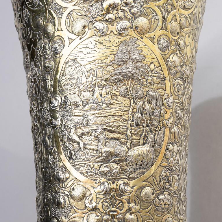 A partially gilded silver chalice, historicism, 19th century, baroque style, fantasy marks.
