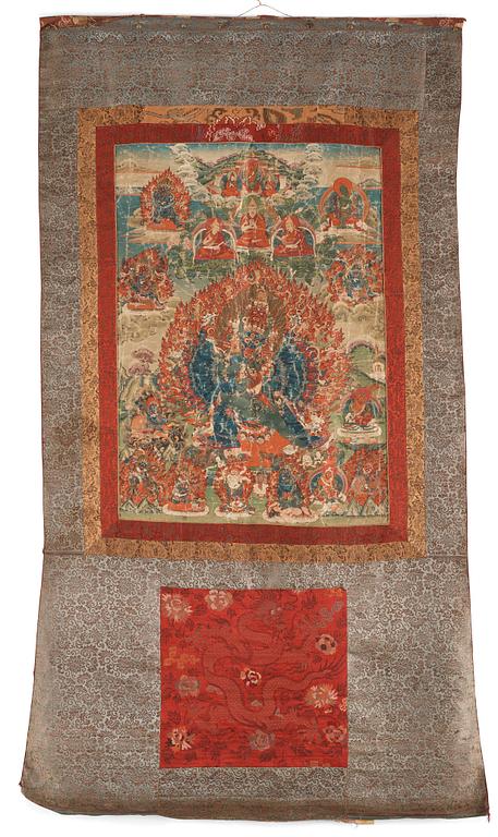 A Tibetan thangka of Vajrabhiarava with Tsongkhapa at the top, 19th Century.