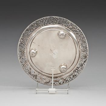 A silver salver decorated with bamboo Makers mark Zee Wo, Shanghai, early 20th century.