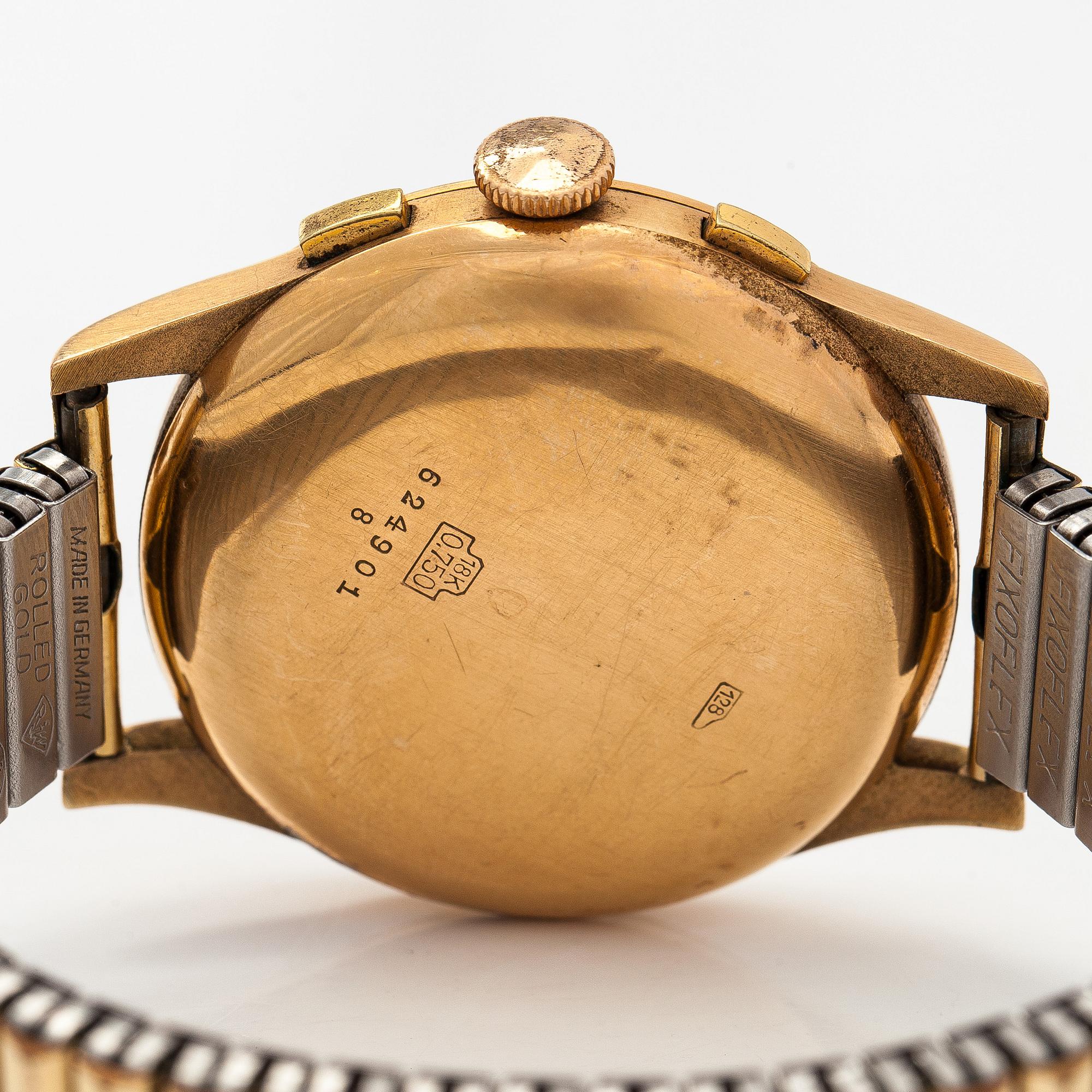 Chronographe Suisse, rannekello, 37,5 mm, 18K kultaa, manuaalinen, pleksilasi.