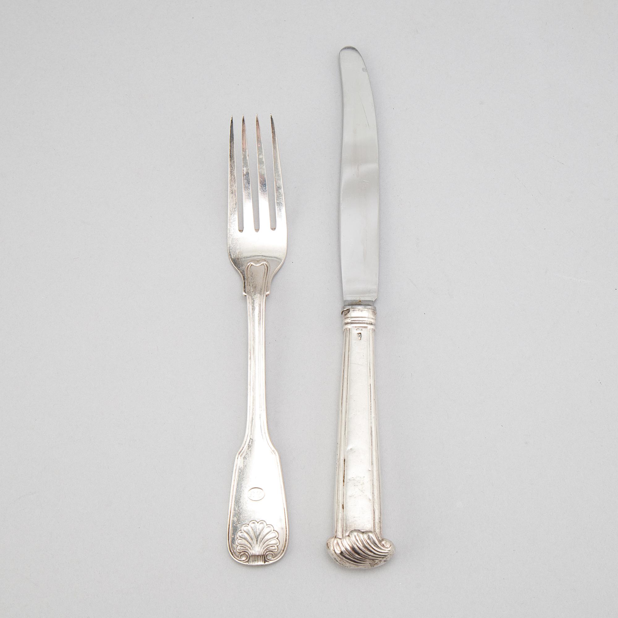 6+6 silver cutlery, some with mark of Gustaf Möllenborg, Stockholm 1866.