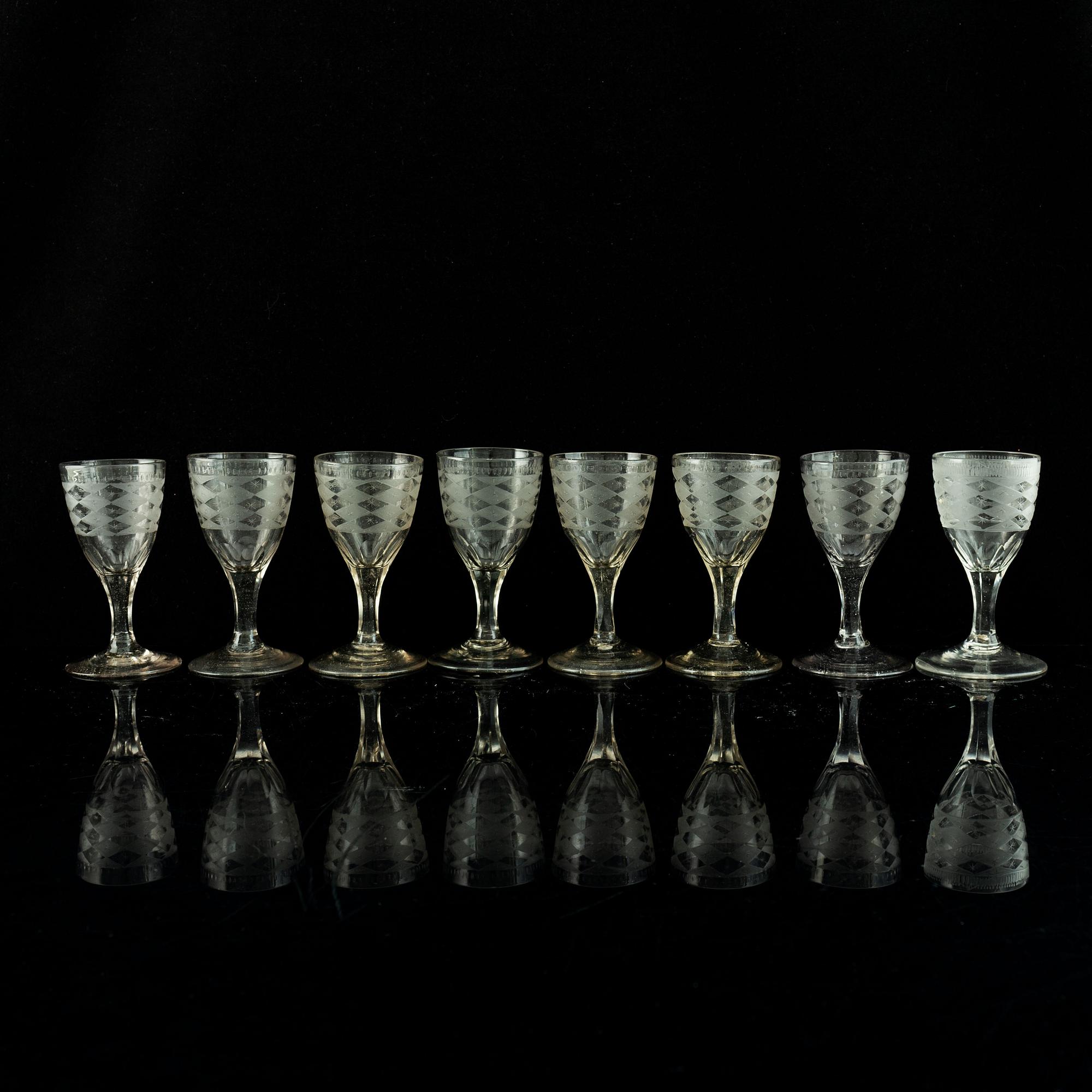 Eight late Gustavian wine glasses, circa 1800.