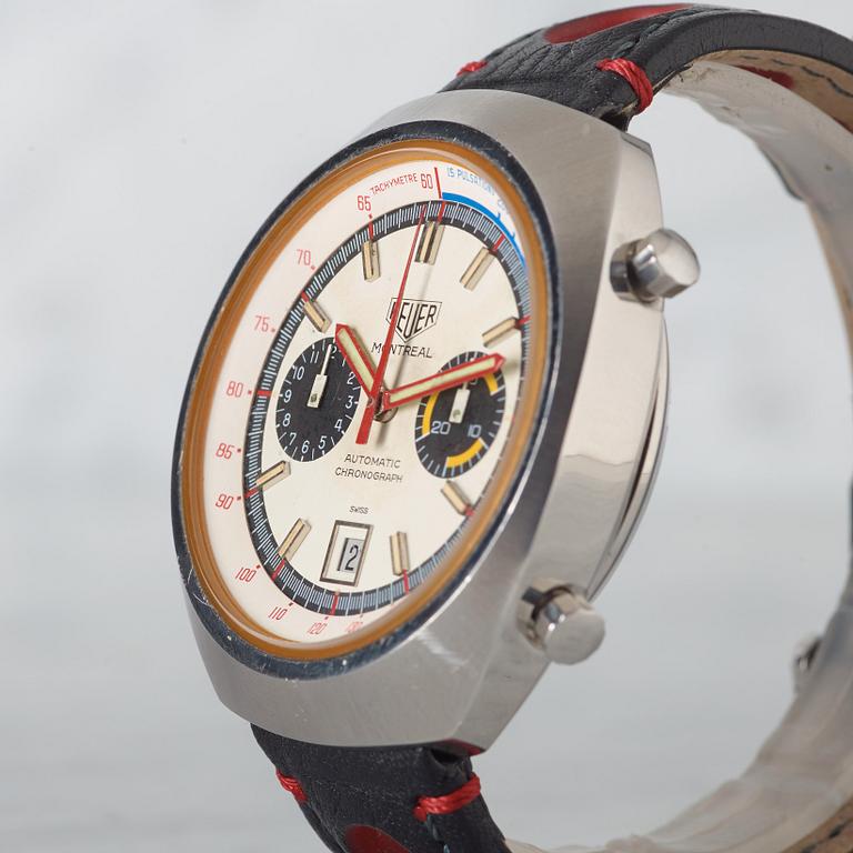 HEUER, Montreal, "Tachymetre, Pulsations", chronograph, wristwatch, 42 x 48 mm.