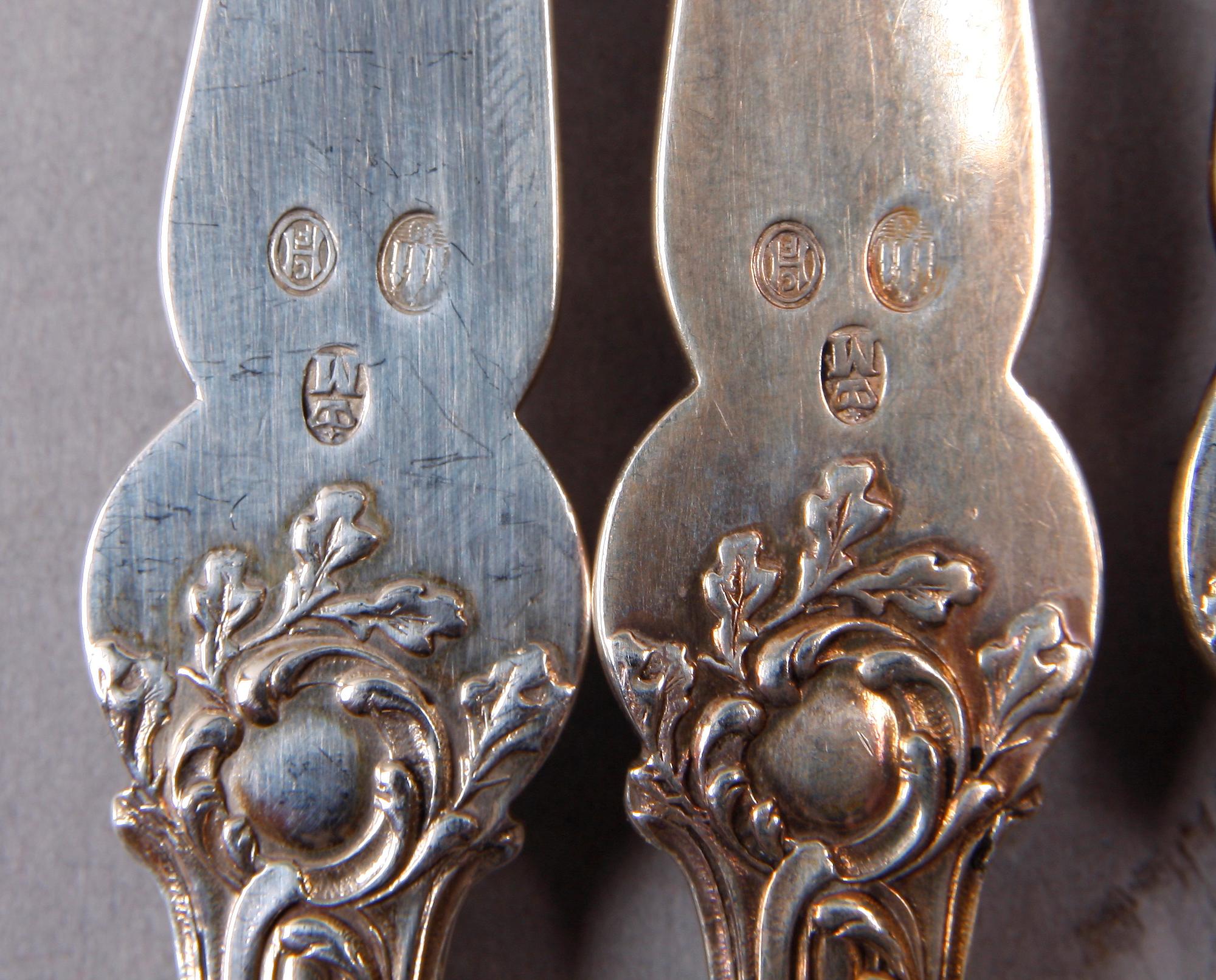 HUMMERGAFFLAR, 6 st, silver, rokokostil, Danmark.