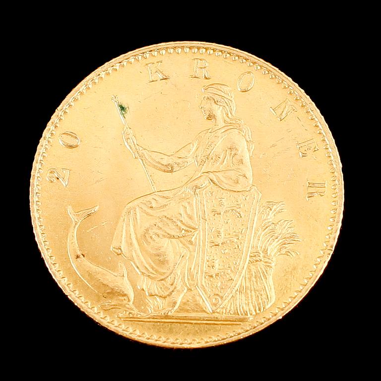 GULDMYNT, 20 kr, Christian IX, Danmark, 1873. Vikt ca 9 gram.