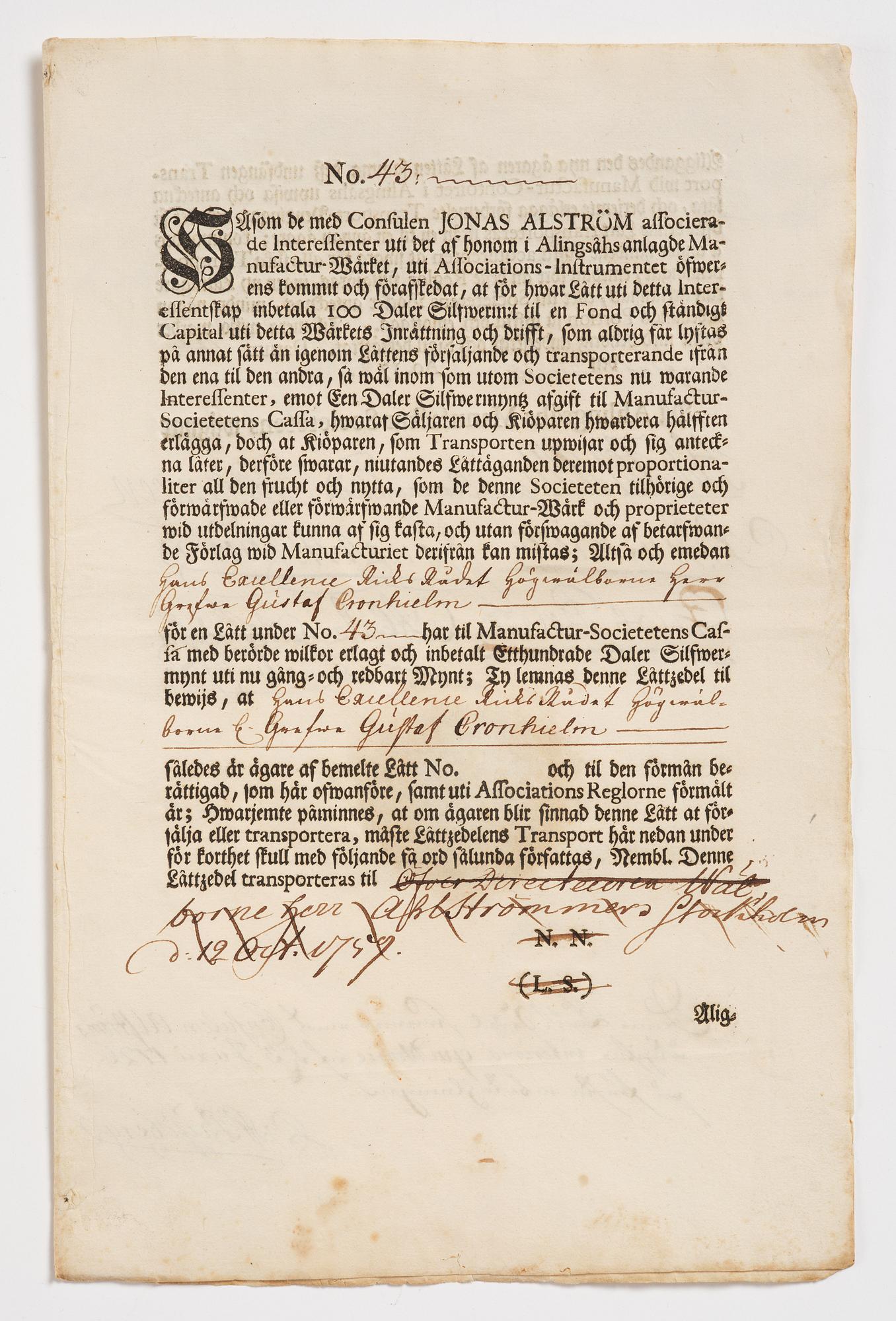 Aktiebrev, Ahlingsåhs Manufaktur Werk (Manufactur-Societet), No 43, 1728.