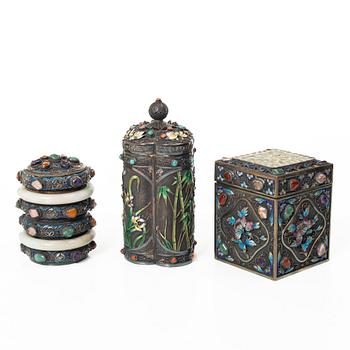 Three enamel and silver boxes, Tibet, first half of the 20th century.