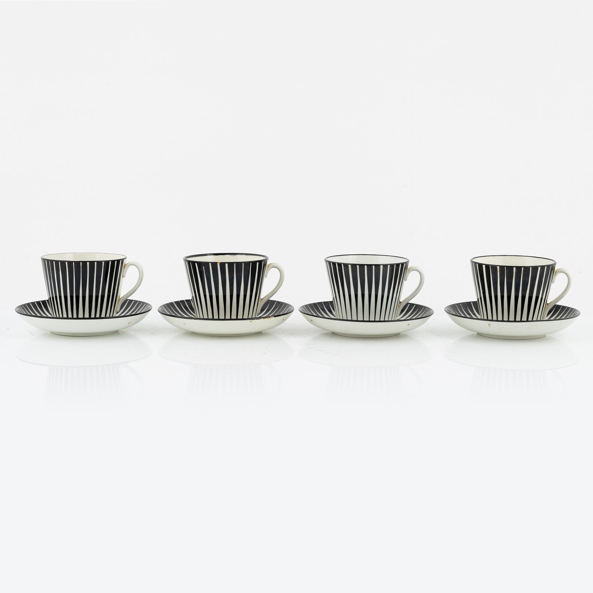 Eugen Trost, tekoppar med fat, 4 st, flintgods, "Zebra", Gefle.