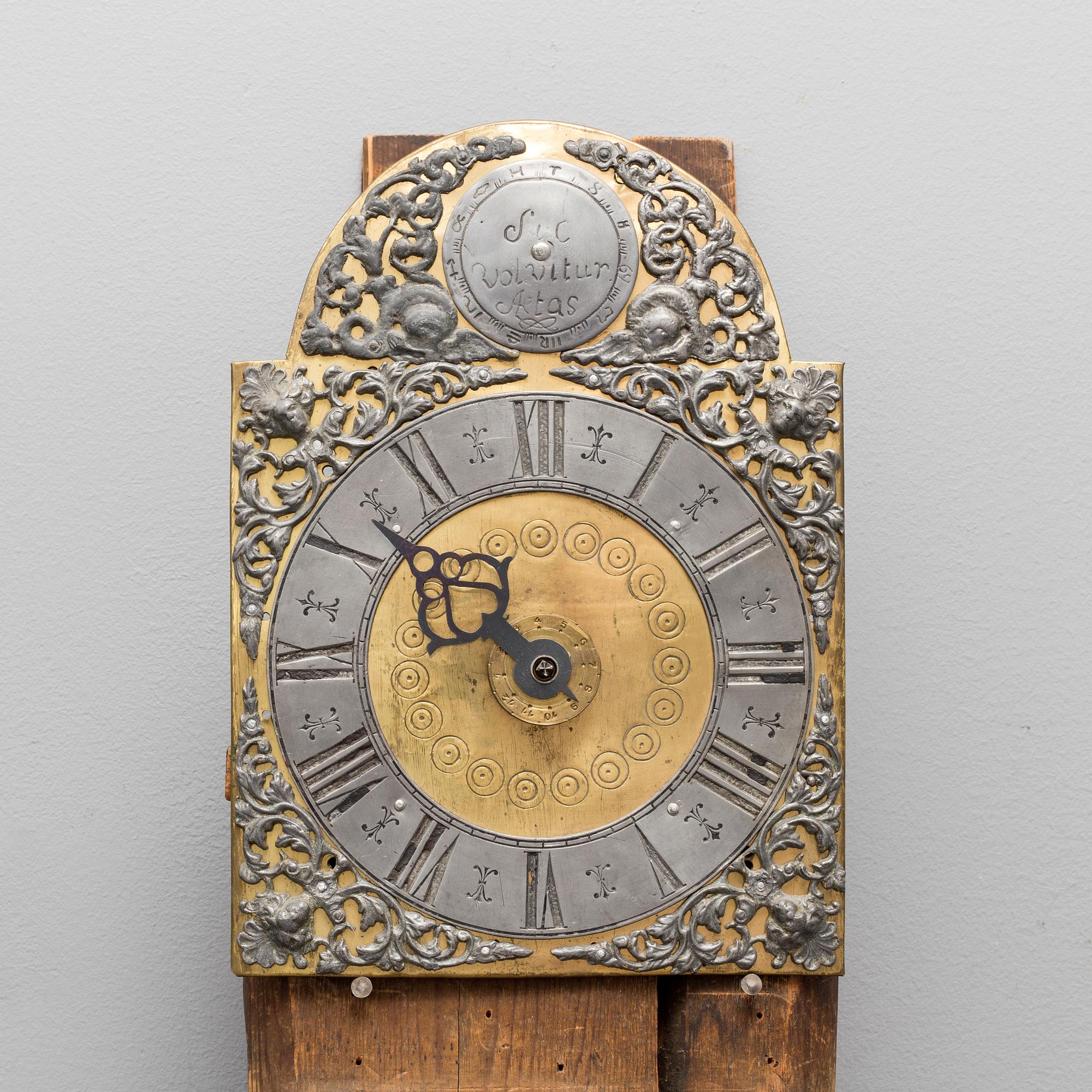 A grandfather clock by Kougsta workshop, Häggenås, Jämtland, early 19th century.