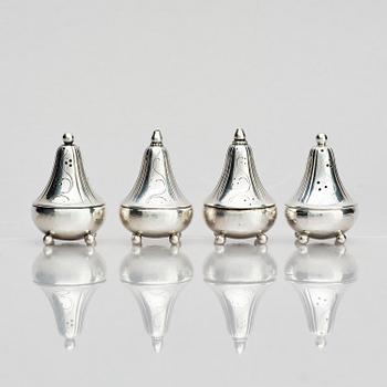 Georg Jensen, four sterling silver casters, design Harald Nilesen, Copenhagen 1933-44, one Copenhagen after 1945.
