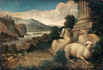 364. James Ward Hans krets, Pastoralt ruinlandskap med vilande får.