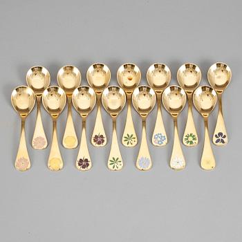 ÅRSSKEDAR, 14 st, förgyllt sterlingsilver, mellan år 1973-78 samt 1980-1983, Georg Jensen, vikt ca 644g.