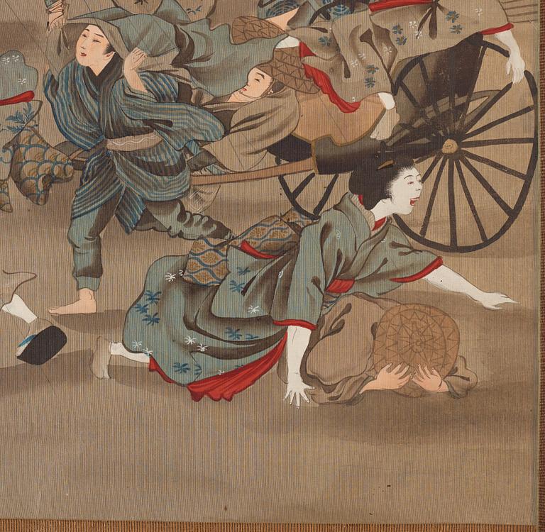 RULLMÅLNINGAR, sex stycken, tusch och färg på papper. Japan, Meiji (1868-1912).