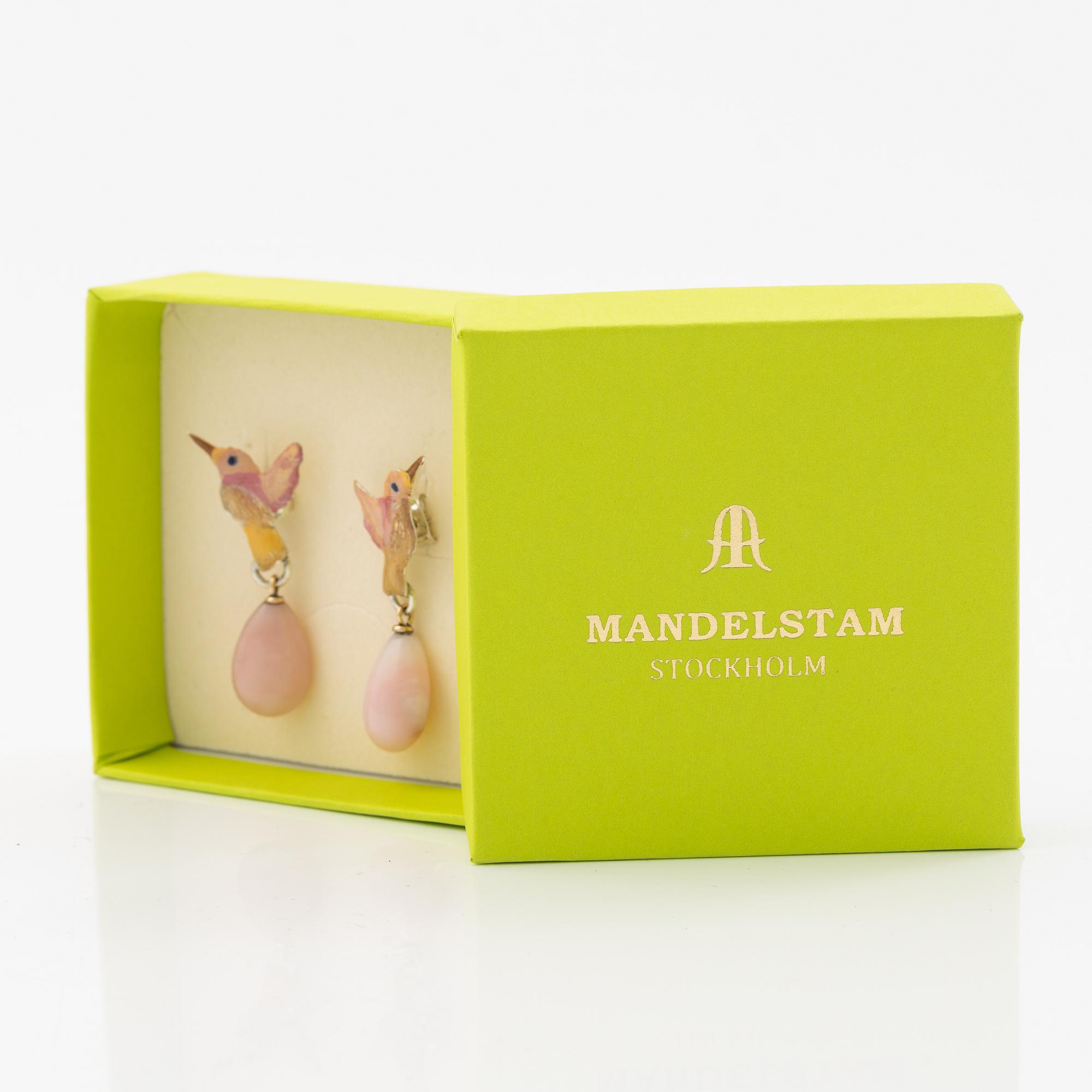 Earrings, silver, gold and enamel in the form of a hummingbird with pink opal, Mandelstam.