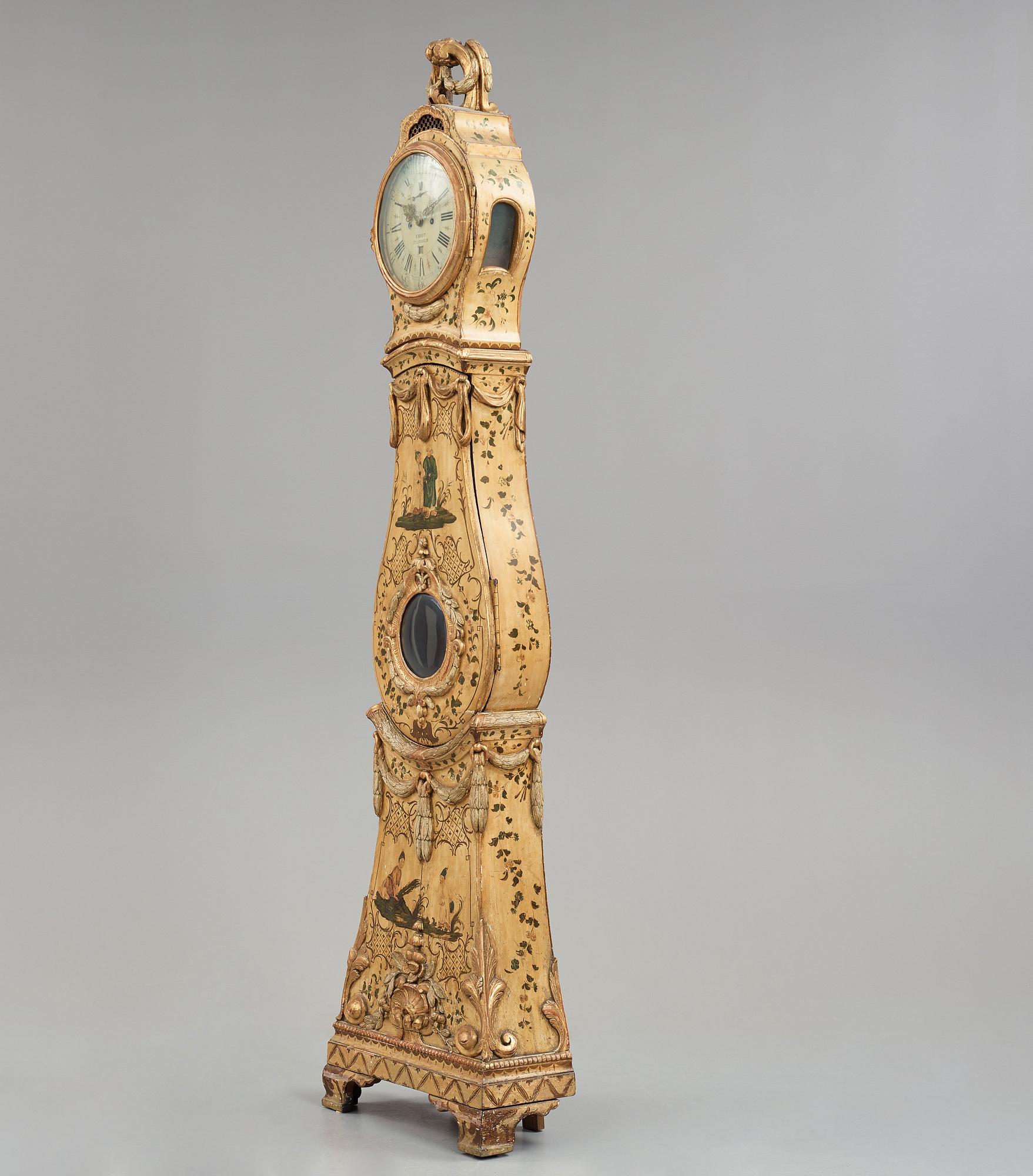 A Gustavian longcase clock by Petter Ernst (active in Stockholm 1753-1784), before 1776.