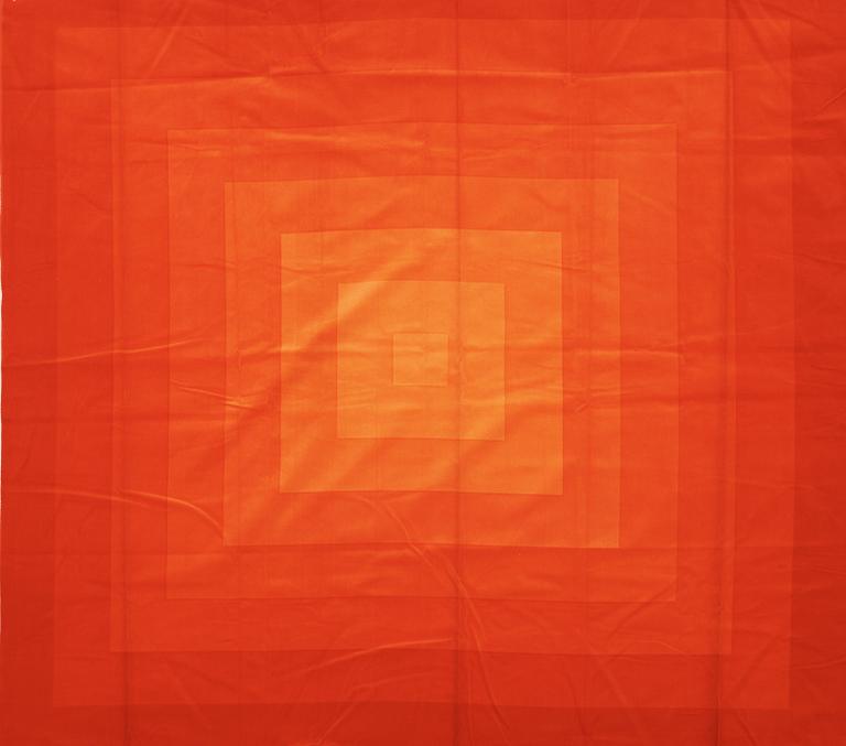 Verner Panton, CURTAINS, 2 PIECES, AND SAMPLERS, 11 PIECES.  Cotton velor. A variety of orange nuances and patterns. Verner Panton.