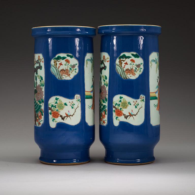 A pair of famille verte and powder blue vases/umbrella stands, Qing dynasty, circa 1900.