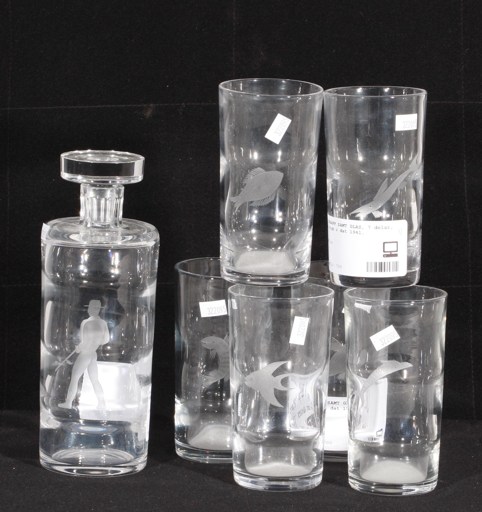 KARAFF SAMT GLAS, 7 delar, Kosta, sign o dat 1941.