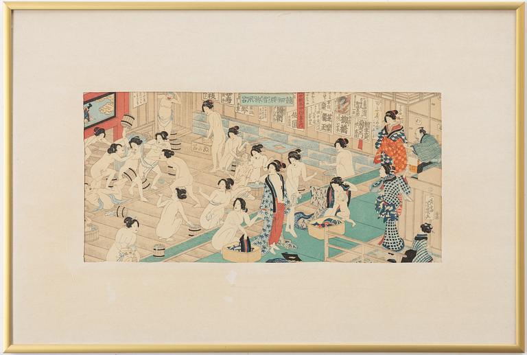 A Japanese woodblockprint by Utagawa Yoshiiku (1833-1904) 'Quarreling and Scuffling in Women's Bath-House', early 20th.