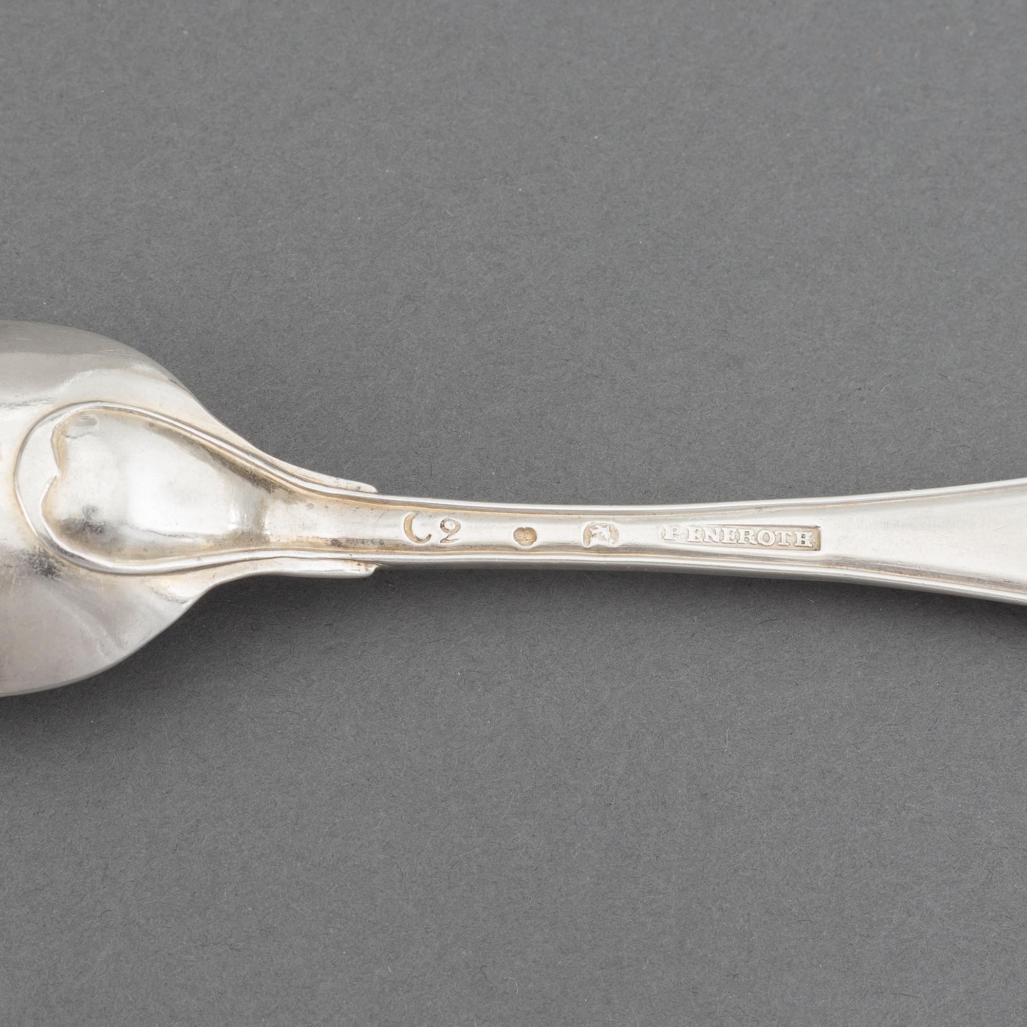 A set of six Swedish 18th century silver spoons, maker's mark Petter Eneroth, Stockholm, 1785.