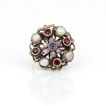 RING, LORGNETTES samt KEDJA, silver, sötvattenspärlor och olika färgade stenar, Stockholm mitt 1900-tals. Tot vikt 60 g.